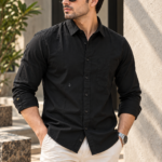 Solid Regular Fit Black Cotton Shirt