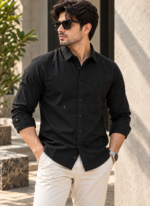 Solid Regular Fit Black Cotton Shirt
