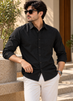 Solid Regular Fit Black Cotton Shirt - Image 2