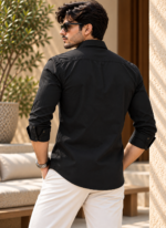 Solid Regular Fit Black Cotton Shirt - Image 3