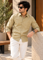 Solid Regular Fit Cream Cotton Shirt - Image 2