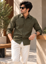 Solid Regular Fit Green Cotton Shirt - Image 2