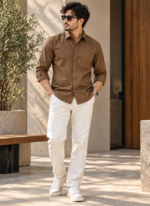 Solid Regular Fit Brown Cotton Shirt
