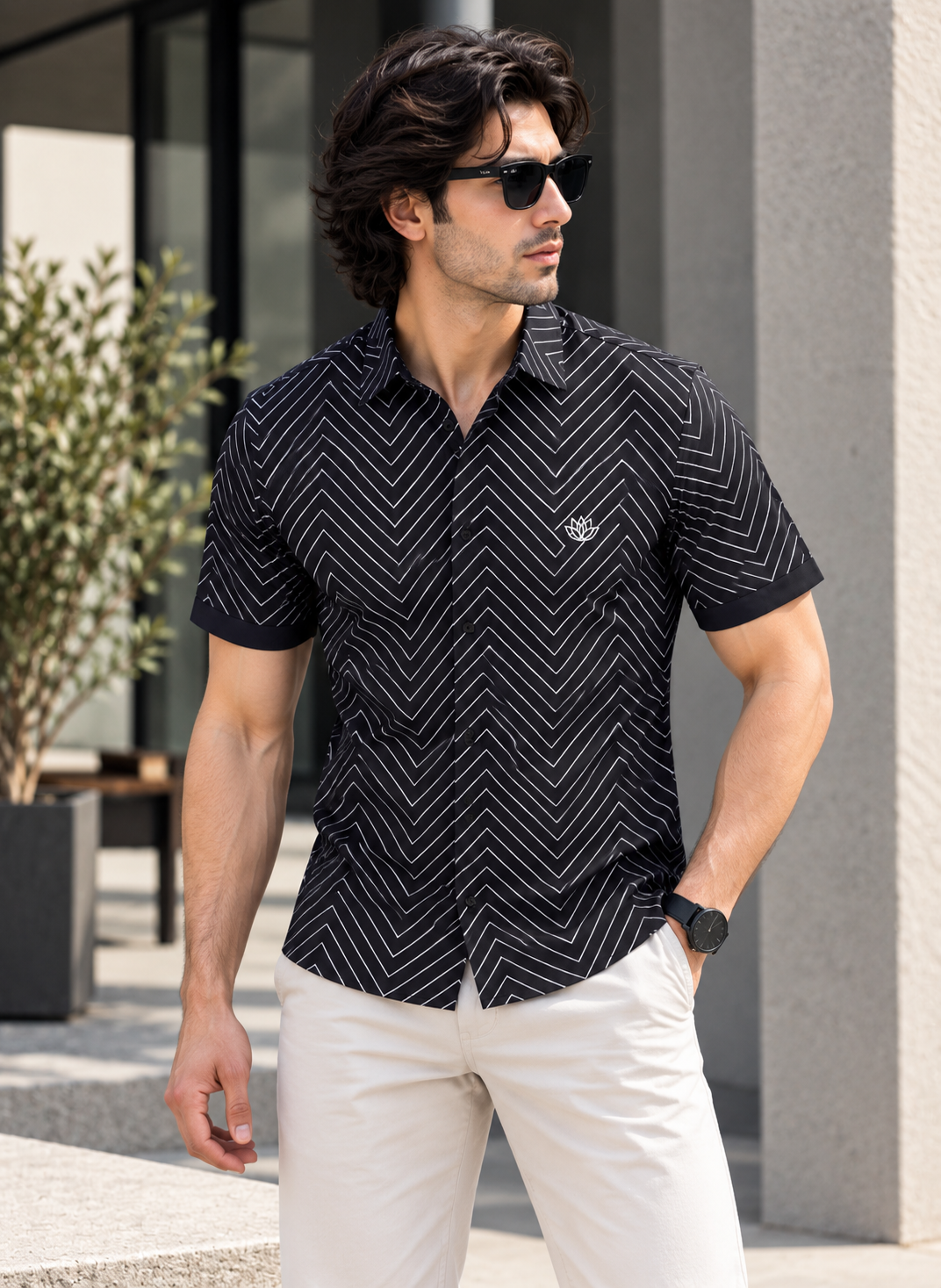 GeometricHalfSleeeveShirtBlack1 Geometric Print Half-Sleeve Shirt - Image 1