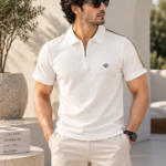 Textured Knit Solid Zipper Polo T-Shirt
