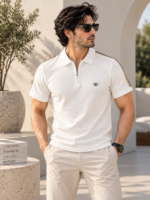 Textured Knit Solid Zipper Polo T-Shirt