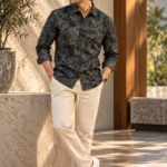Black Botanical Print Full-Sleeve Shirt
