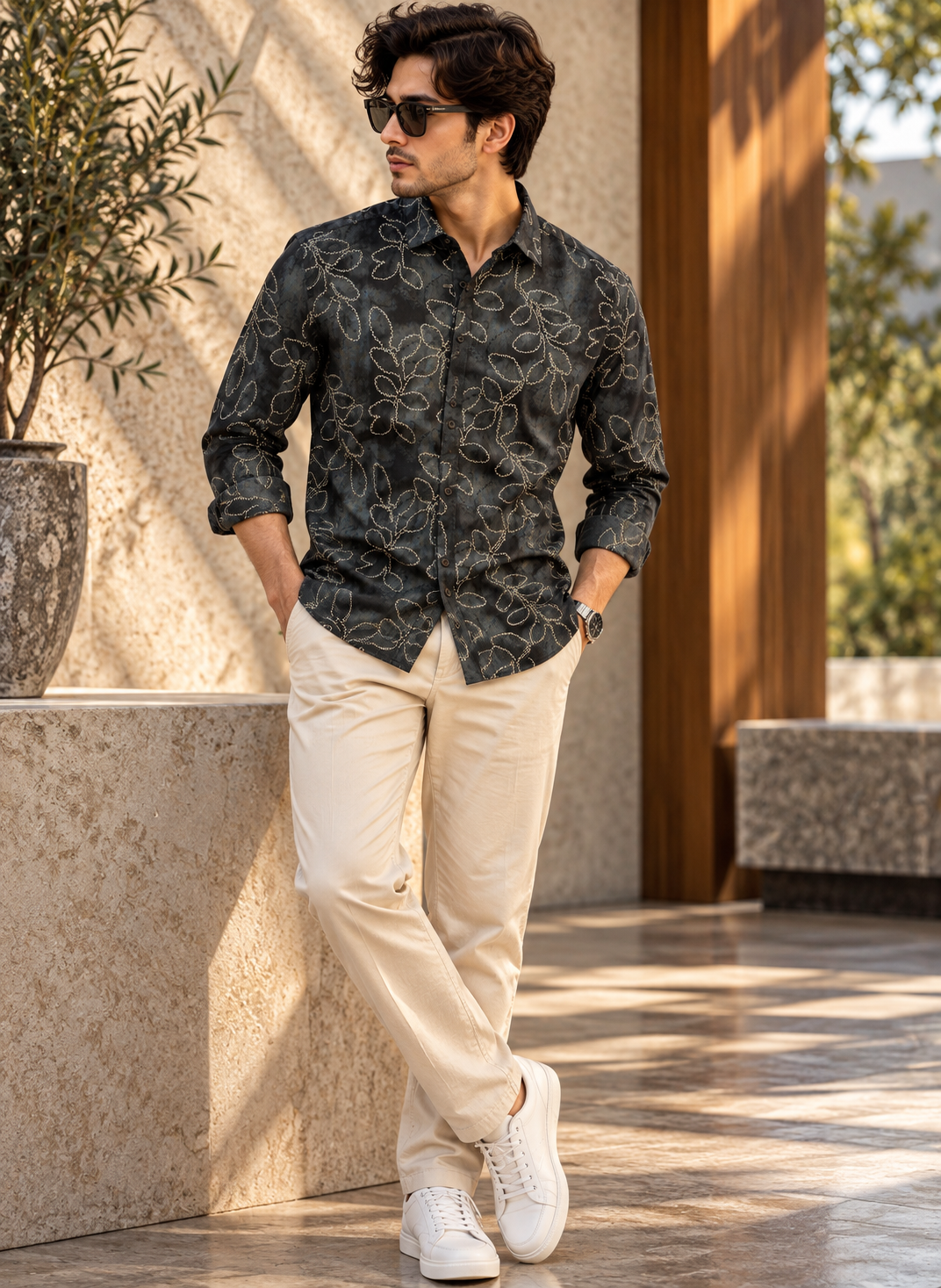 PrintedShirtBlack1 Black Botanical Print Full-Sleeve Shirt - Image 1