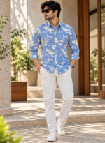 Blue Abstract Leaf Print Shirt