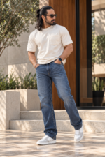 Dark Blue Washed Straight Fit Jeans - Image 3